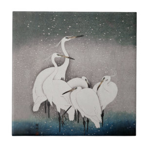 Carreau Aigrettes de Koson dans la neige : vintage japonai
