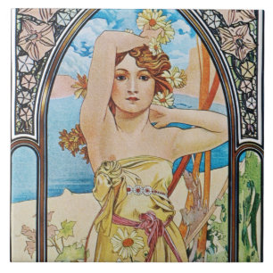 Carreau Alphonse Mucha Daybreak Tile Trivet Boîte cadeau
