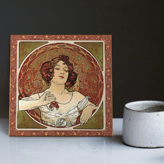 Carreau Alphonse Mucha "Ruby" Art Nouveau Vintage Rouge