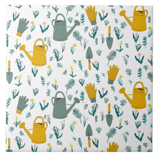 Carreau Amateurs de jardinage : arrosage, canettes, gants, (Devant)