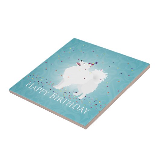 Carreau American Eskimo Chien Joyeux Design d'anniversaire (Côté)