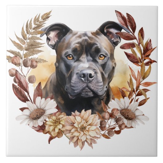 Carreau American Staffordshire Terrier Dog Automne Wreath (Devant)