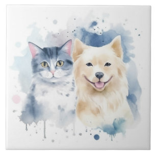 Carreau Amis pour toujours - Art aquarelle chien et chat