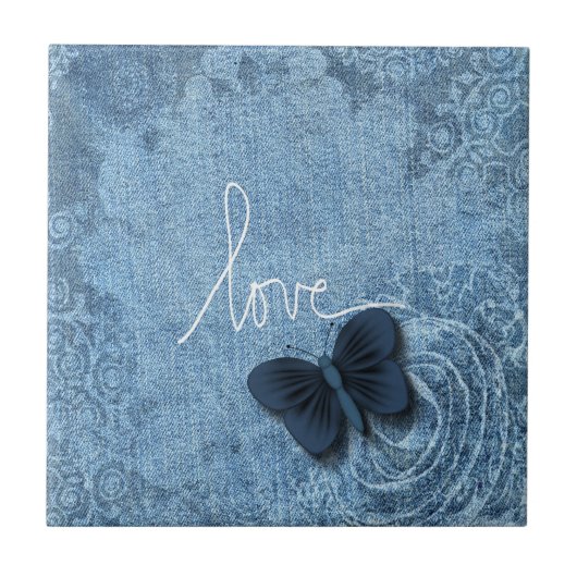 Carreau Amour bleu de papillon de denim de nature (Devant)