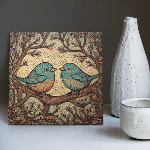 Carreau Amour d'oiseau Art nouveau bleu atténué Vintage