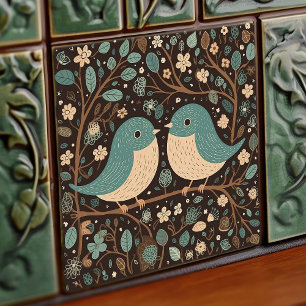Carreau Amour d'oiseau Vintage Brun Bleu Atténué Art Nouve