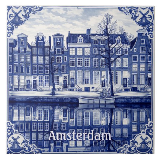 Carreau Amsterdam canal Delft Blue style Ceramic Tile (Devant)