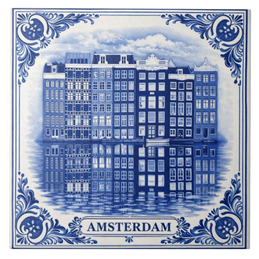 Carreau Amsterdam canal houses Delft Blue style tile (Devant)