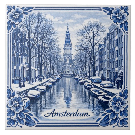 Carreau Amsterdam canal winter Delft Blue style tile (Devant)