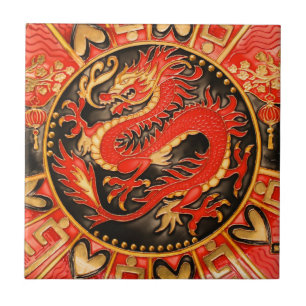 Carreau Ancien Dragon chinois traditionnel Rouge Or Or
