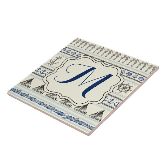 Carreau Ancre Voile Corde Nautique Monogramme Display Tile (Côté)