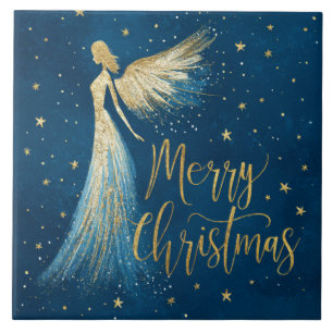 Carreau Ange de Noël doré sur fond bleu ciel étoilé