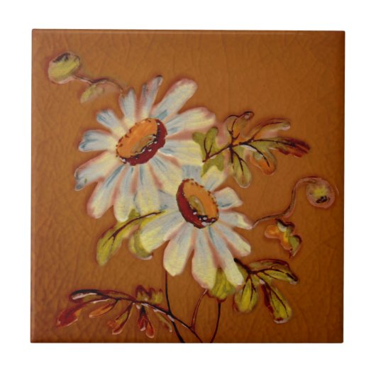 Carreau Anglais Daises on Clay Color Barbotine Repro c1900 (Devant)