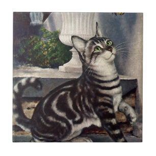 Carreau Animaux vintage, chat tabby mignon et papillon