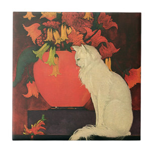 Carreau Animaux Vintage, Élégant Chat Blanc, Fleurs d'Auto