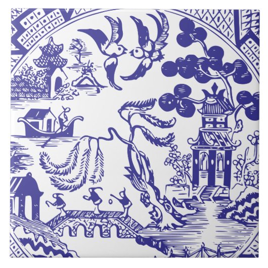 Carreau Antique Blue Willow China Pattern Vintage (Devant)