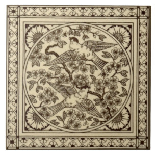 Carreau Antique Esthétique Japonaise Sepia Bird Tile Repro