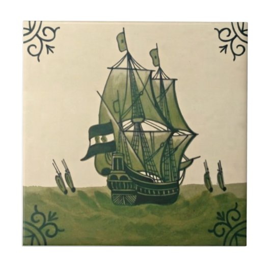 Carreau Antique Minton Hollins Delft Boat Tile #3 Repro (Devant)