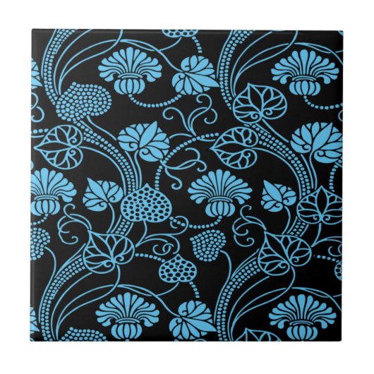 Carreau Antique motif floral noir sur bleu (Devant)