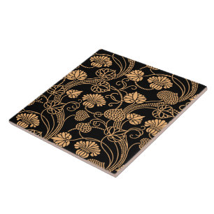 Carreau Antique motif floral orange sur noir