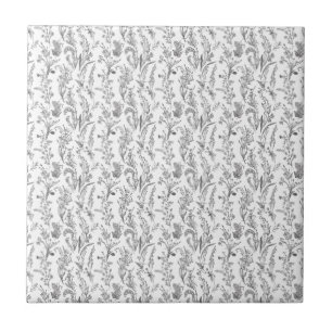 Carreau Antique Noir Blanc Toile Motif Floral Vintage