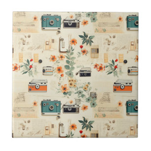 Carreau Appareil photo vintage Radio Floral Sarcelle Orang