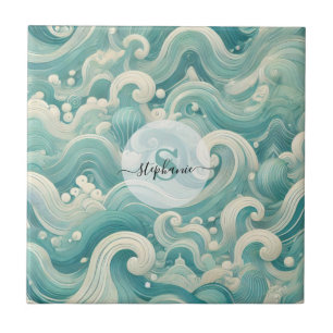 Carreau Aqua Blue & White Wave Abstraite - Art moderne Flu