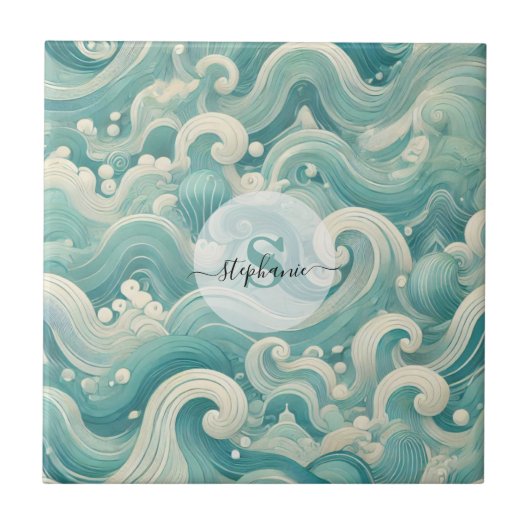 Carreau Aqua Blue & White Wave Abstraite - Art moderne Flu (Devant)