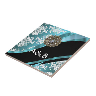Carreau Aqua & damas blanc avec gemme de faux cristal