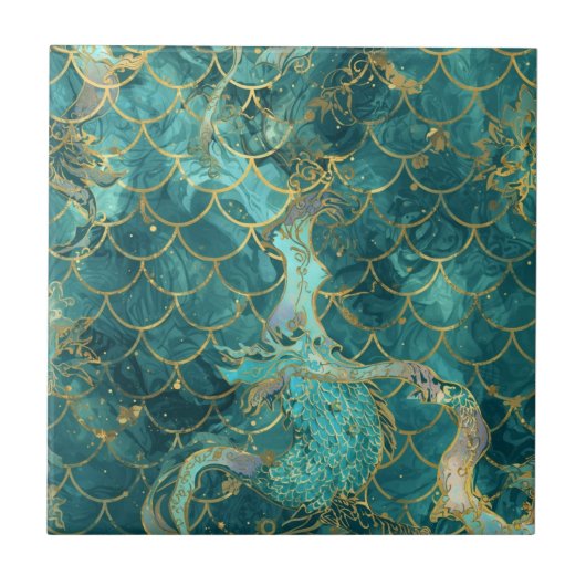 Carreau Aqua Pearlescent & Gold Mermaid Scale Pattern  (Devant)