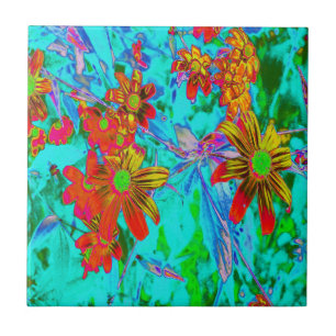 Carreau Aqua Tropical avec Fleurs Jaunes et Orange