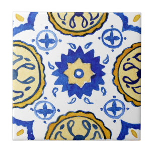 Carreau Aquarelle à motif bleu et jaune méditerranéen