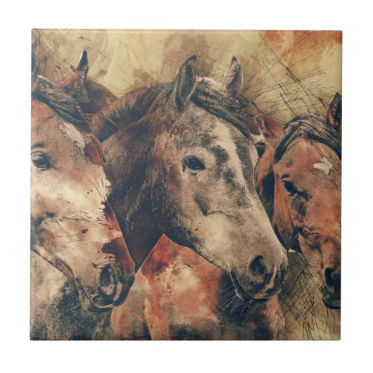 Carreau Aquarelle absolument magnifique de trois chevaux (Devant)