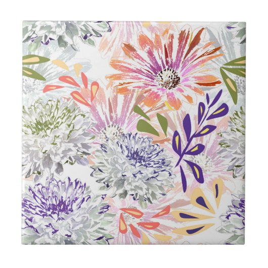 Carreau Aquarelle blanche, fleurs roses (Devant)