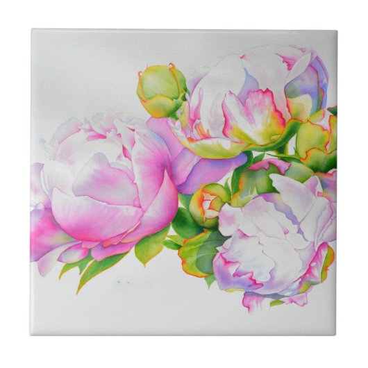 Carreau Aquarelle blanche rose peintures florales pivoines (Devant)