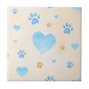 Carreau Aquarelle Bleu Coeurs et Empreintes de pattes Moti