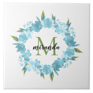Carreau Aquarelle bleu Floral Nom de la couronne Monogramm