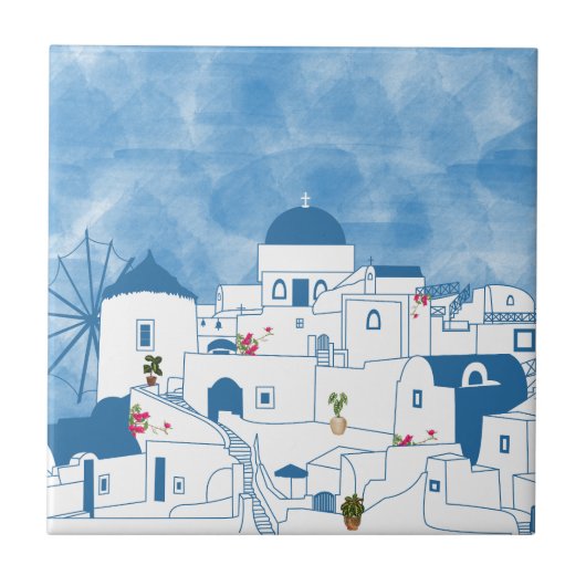 Carreau Aquarelle bleue et blanche Santorin Grèce (Devant)