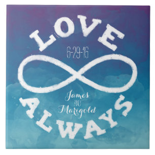 Carreau Aquarelle bleue Infinity Amour Mariage Date, Noms