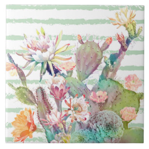 Carreau Aquarelle cactus, motifs floraux et rayures