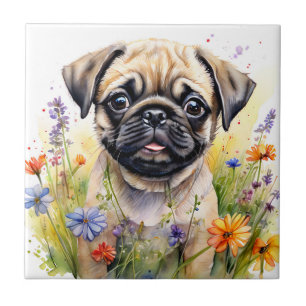 Carreau Aquarelle Carlin Chiot dans le plaisir Fleur sauva