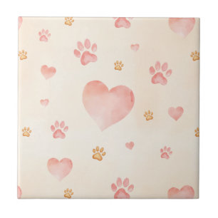 Carreau Aquarelle Coeurs et Empreintes de pattes Motif