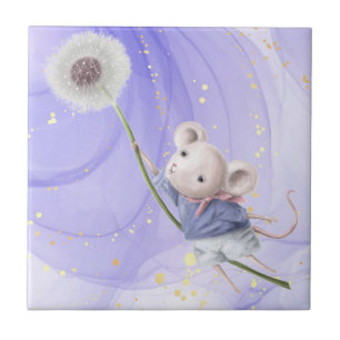 Carreau Aquarelle Cute Souris Flying Dandelion Art