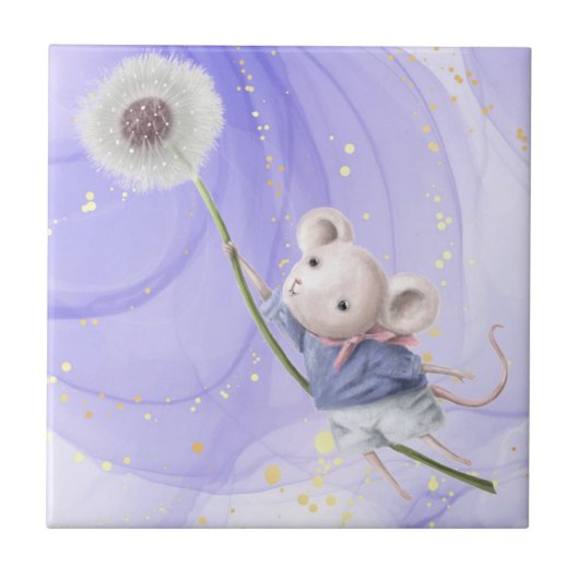 Carreau Aquarelle Cute Souris Flying Dandelion Art (Devant)