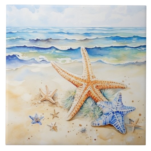 Carreau Aquarelle de la plage côtière Starfish (Devant)