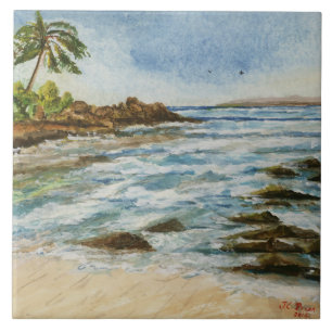 Carreau Aquarelle de plage d'Hawaï de crique de Makena
