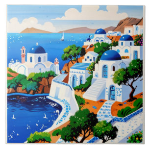 Carreau Aquarelle de Santorin peinture - île grecque