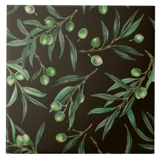 Carreau Aquarelle des branches d'olive en noir (Devant)