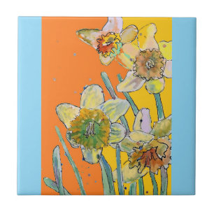 Carreau Aquarelle Fleur de Jonquille Florale Orange Jaune