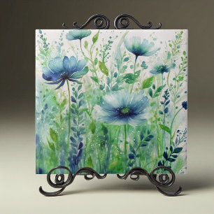 Carreau Aquarelle Fleurs bleues et feuillage vert